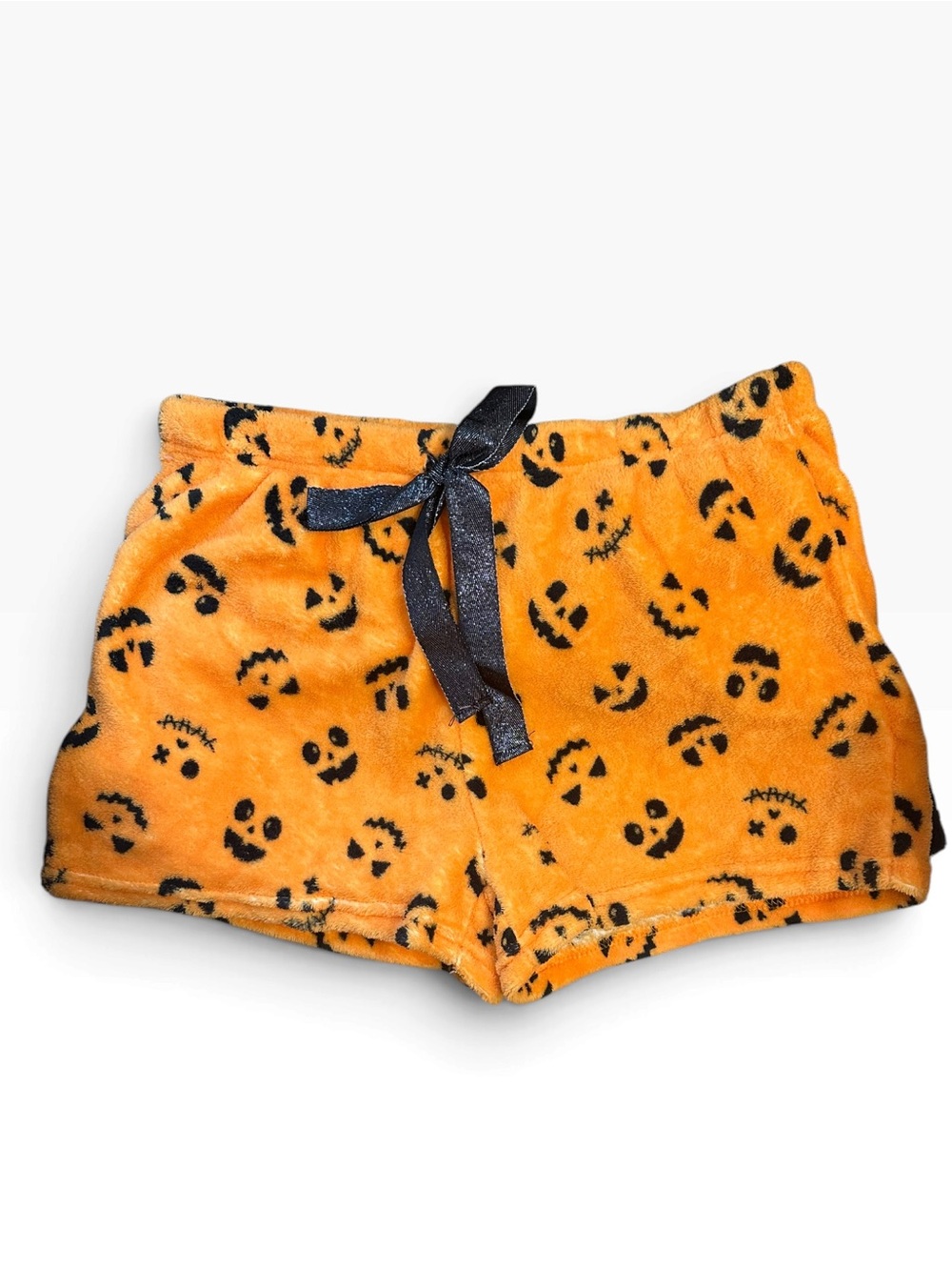 Women's Orange Plush Halloween Pumpkin Print Sleep Shorts get two pairs